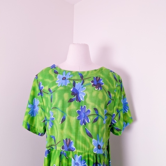 80's Babydoll Floral Dress Maxi Short Sleeve Waist Tie Long Floor Length - Picture 5 of 14